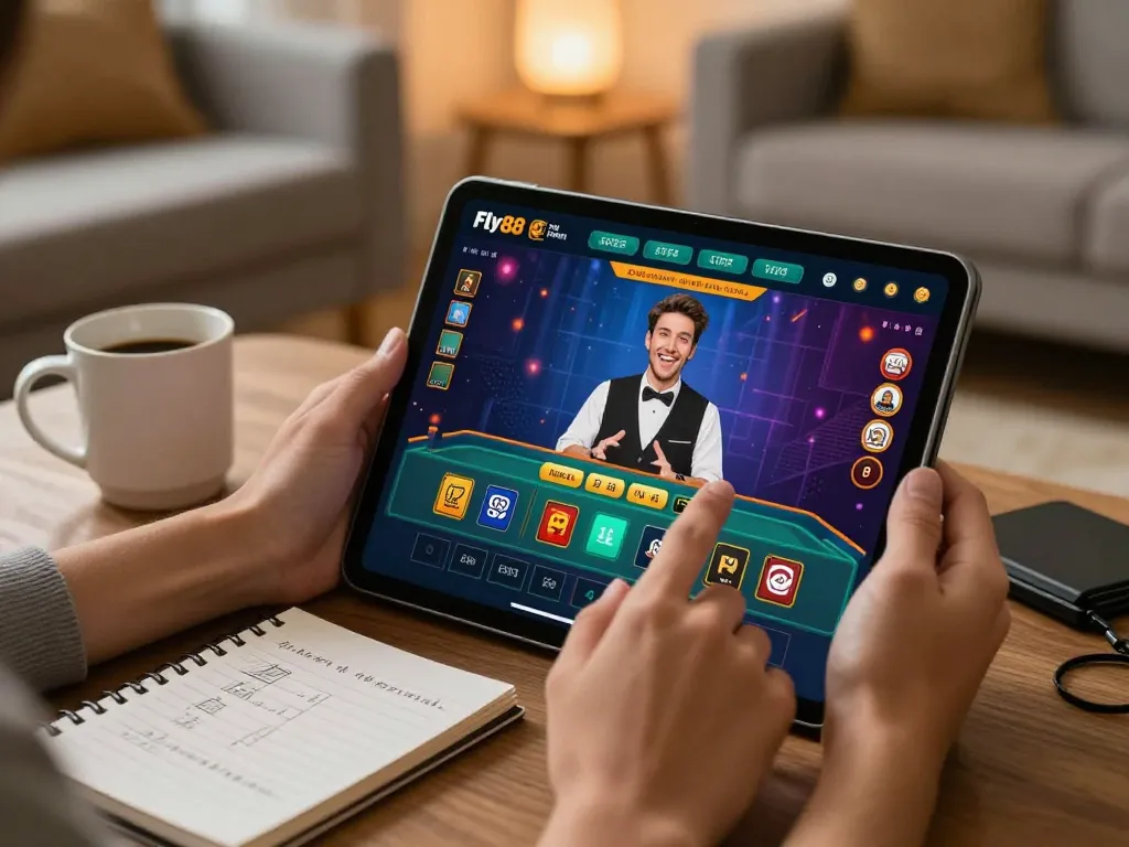 Player on Fly88 app enjoying live dealer game in a cozy home setting