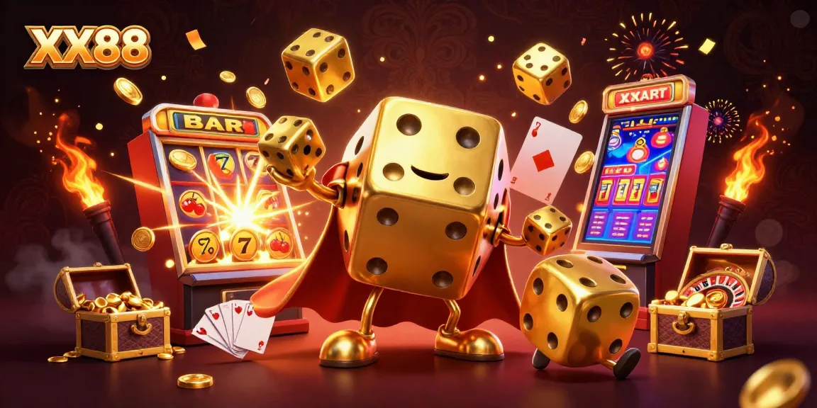 Experience thrilling gameplay with XX88 in this vibrant 3D casino scene featuring golden dice and dynamic slot machines.
