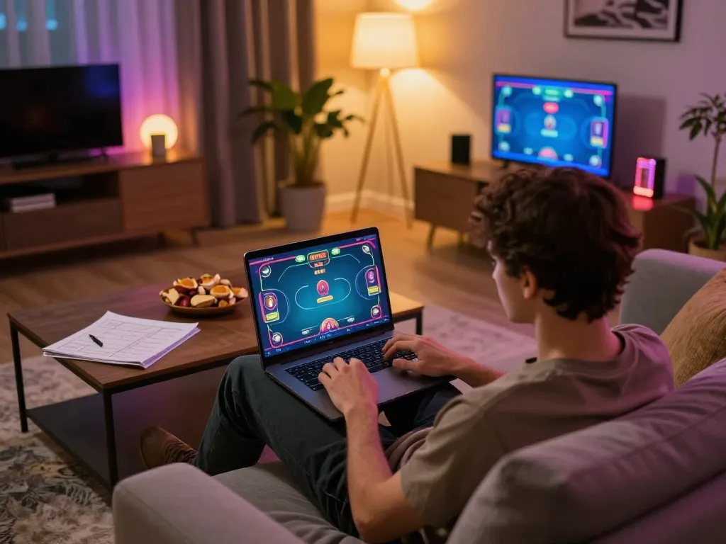 Player engaging in a thrilling online poker game at home on TR88 interface, showcasing strategy notes and a relaxed environment