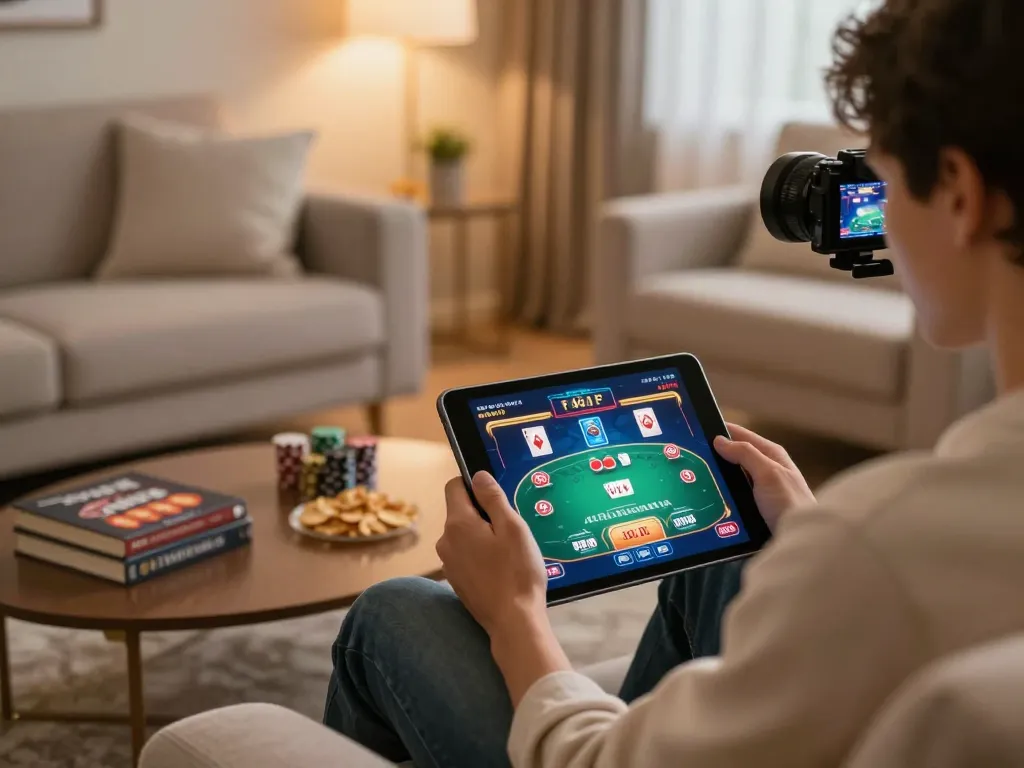 Engaging in TR88 online gaming strategy on a tablet in a cozy home setting