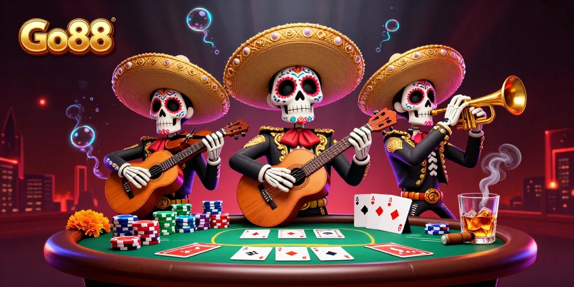 Engage in thrilling poker action at Go88 with a vibrant scene of a mariachi band and dynamic game elements.