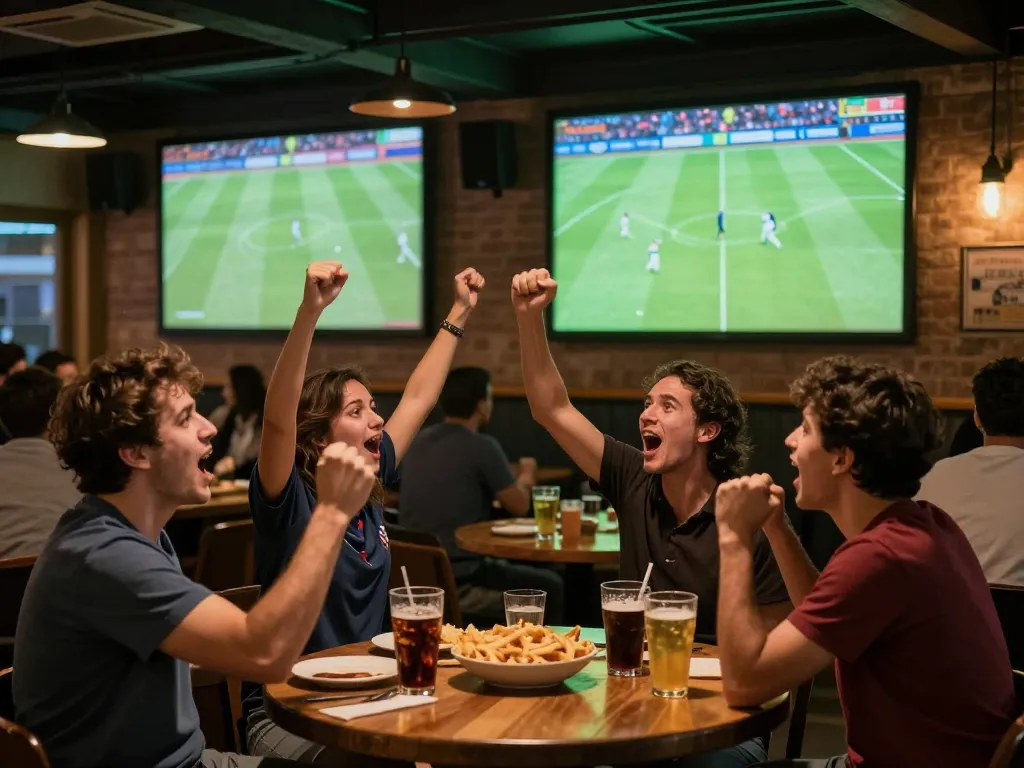 Socolive fans cheering during a live football match, showcasing a vibrant sports bar atmosphere.