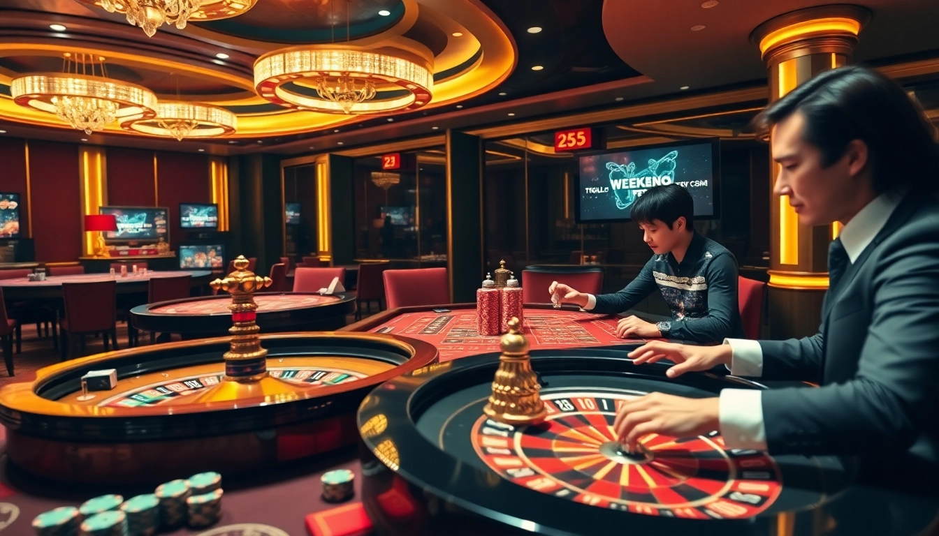 KK55 players engaging at a vibrant casino table with colorful chips and a spinning roulette wheel.
