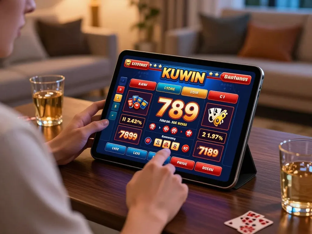 Engaging online gaming session at KUWIN 789 with a person using a tablet.