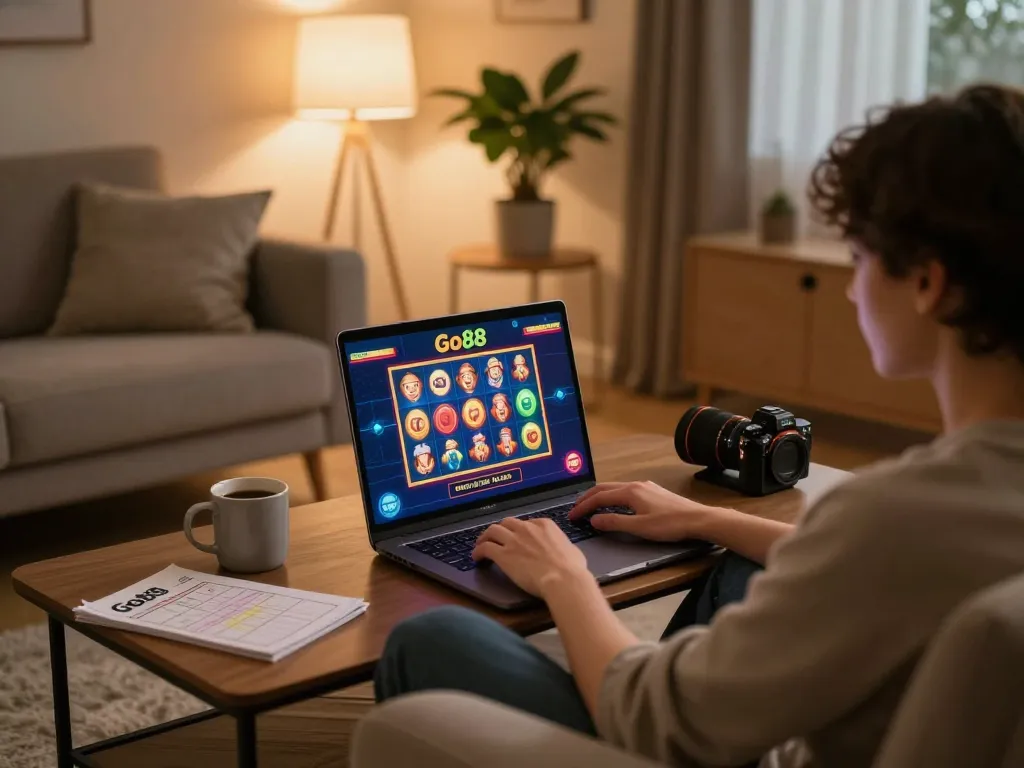 Enjoying Go88 online casino games from a comfortable home setup with laptop and gaming strategy notes.