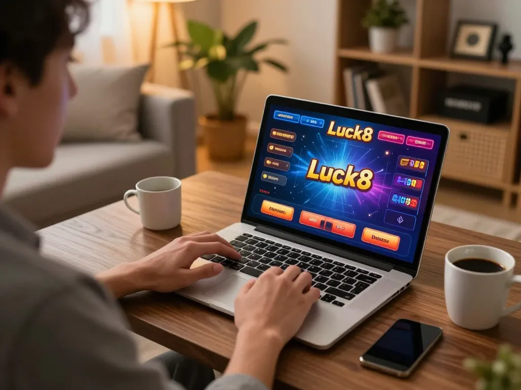 Player enjoying online gambling on the Luck8 platform in a cozy living room.