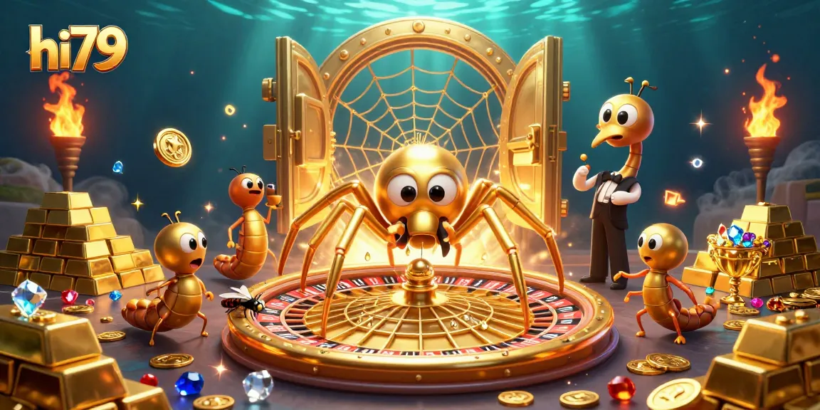 Bet on the hi79 roulette wheel spun by a golden spider and a centipede croupier amidst treasure and jewels.