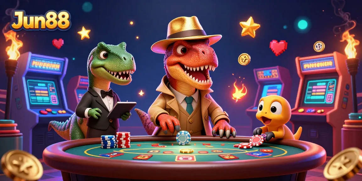 Engage in thrilling gaming adventures at Jun88's illustrated casino with vibrant characters.