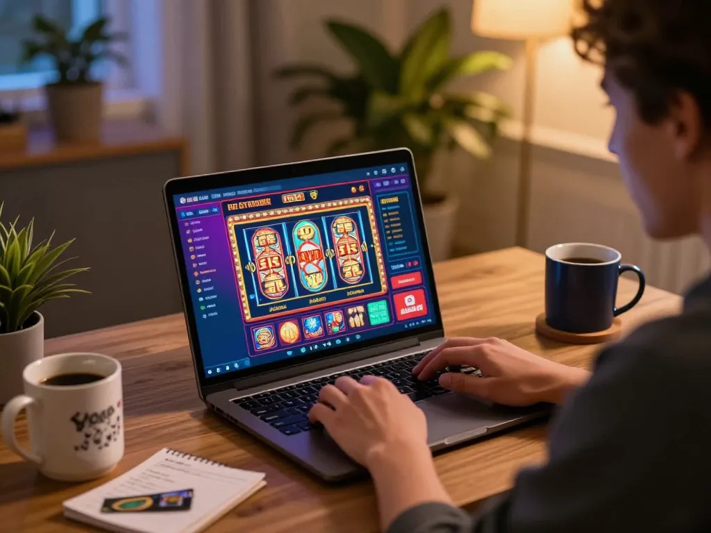 Engaging moment at home viewing GOOD88a casino games on a laptop, showcasing online gaming excitement.