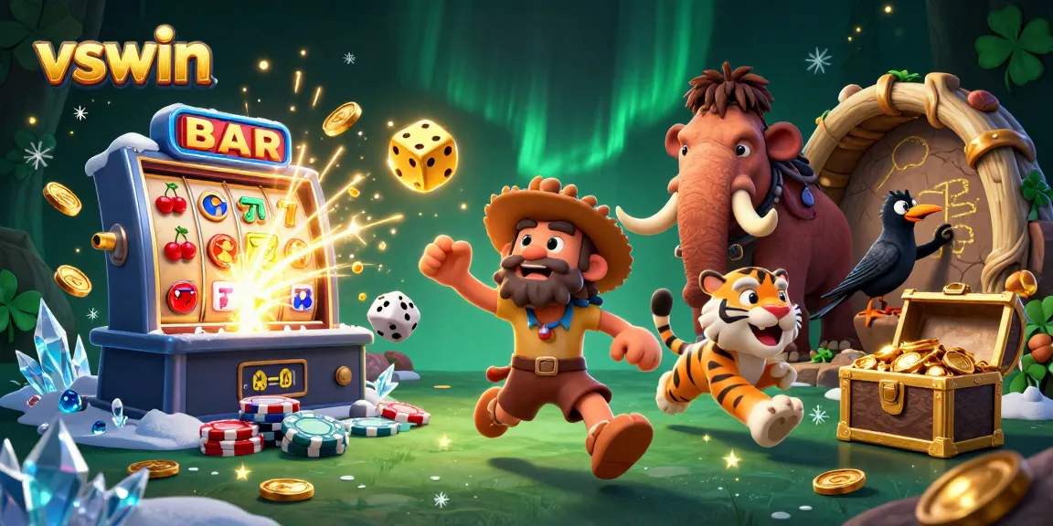 Experience thrilling gameplay with VSwin in a dynamic prehistoric casino environment filled with excitement.