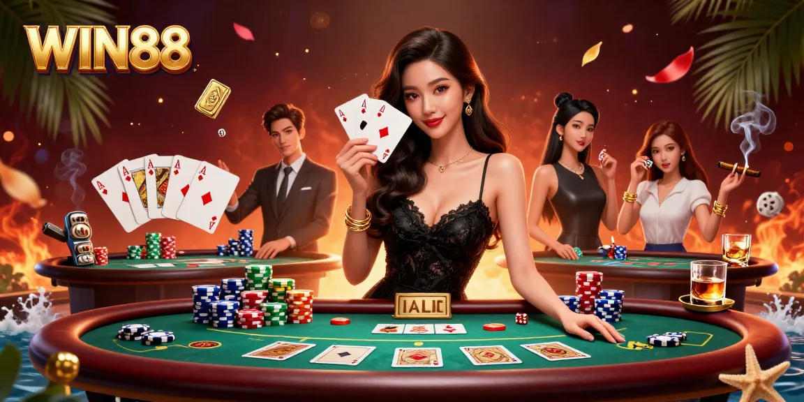 Experience the thrill of WIN88 with a graceful Asian woman holding poker cards in a luxurious casino.