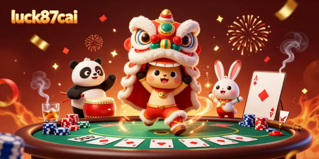 Experience excitement at luck87cai with a colorful lion dance and poker gameplay in this vibrant scene.