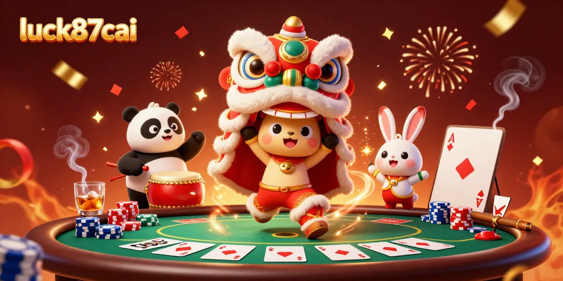 Experience excitement at luck87cai with a colorful lion dance and poker gameplay in this vibrant scene.