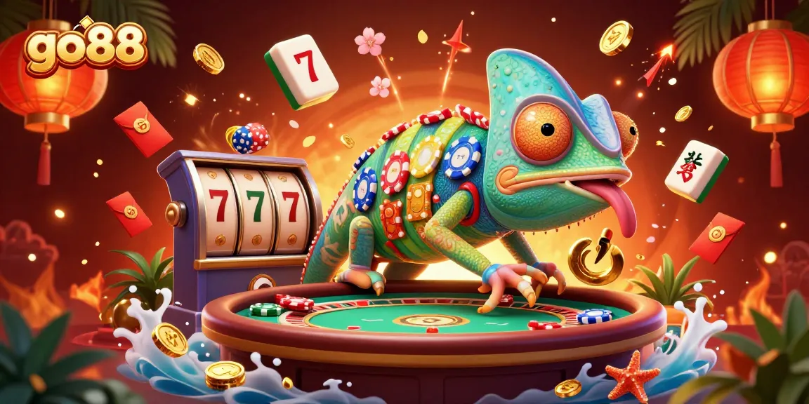 Engage in go88's vibrant casino scene with the chameleon owner admiring slot games