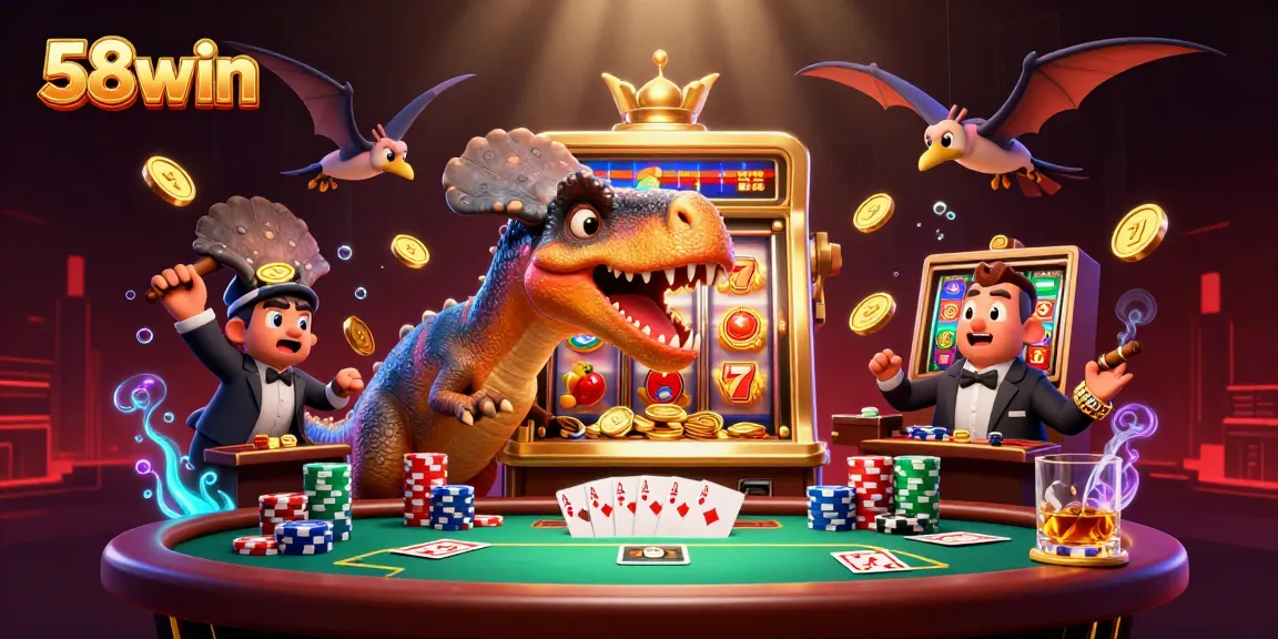 58win slots scene with a dinosaur winning jackpot coins, enhancing casino excitement.