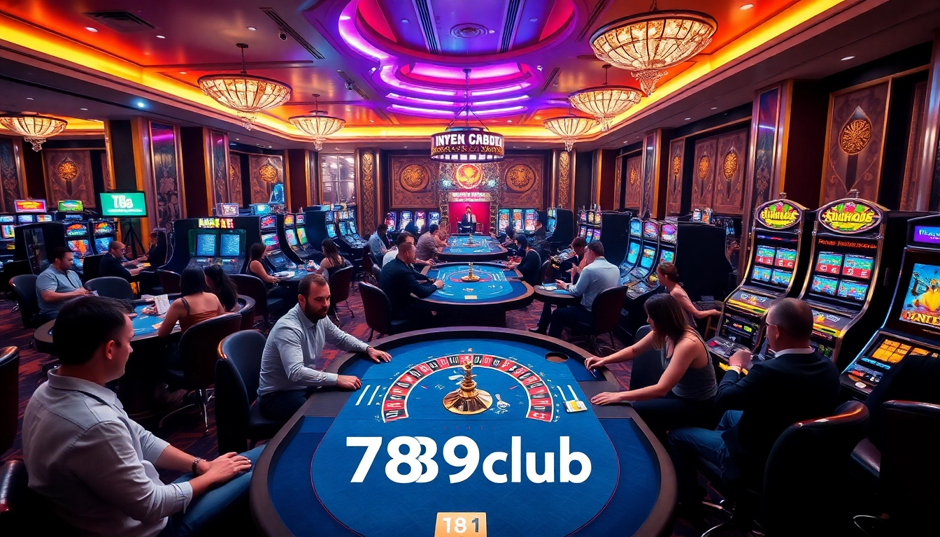 Gamblers enjoying table games and slots at 789club casino with vibrant lighting.