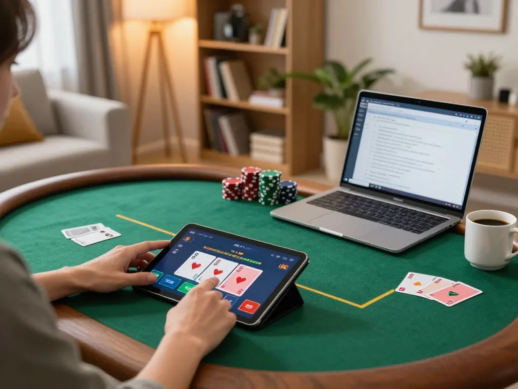 Engaging in online poker strategies with go8 tablet interface in cozy living room