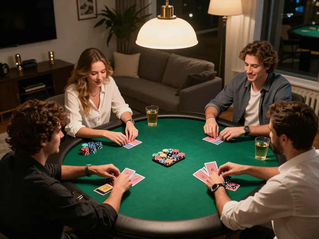 78WIN hosts a lively home poker night with friends, showcasing competitive gameplay and camaraderie.
