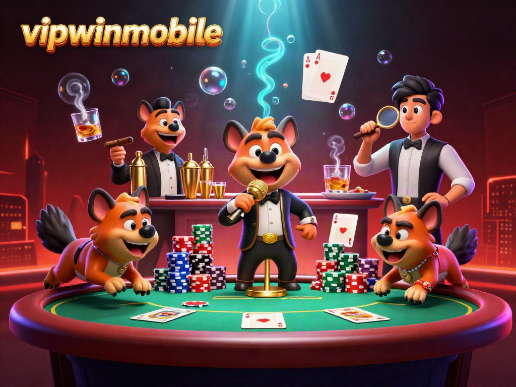 Experience the vibrant action at vipwinmobile casino with hyenas entertaining at a lively comedy club.
