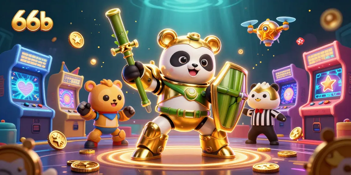 Engage with 66b's exciting gaming adventures featuring a golden panda piloting a bamboo robot in a lively arena.