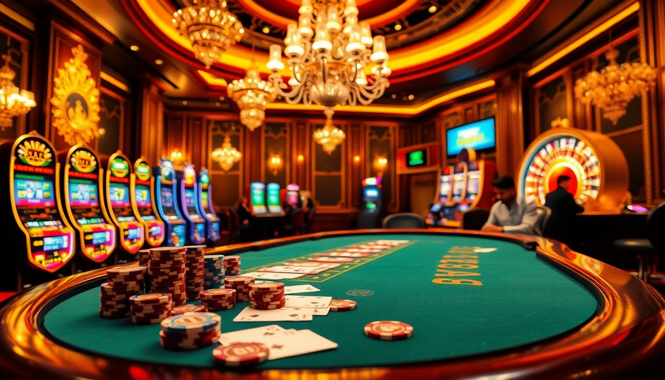 Experience an exciting casino environment with players at a poker table and slot machines, inspired by open88.gg.