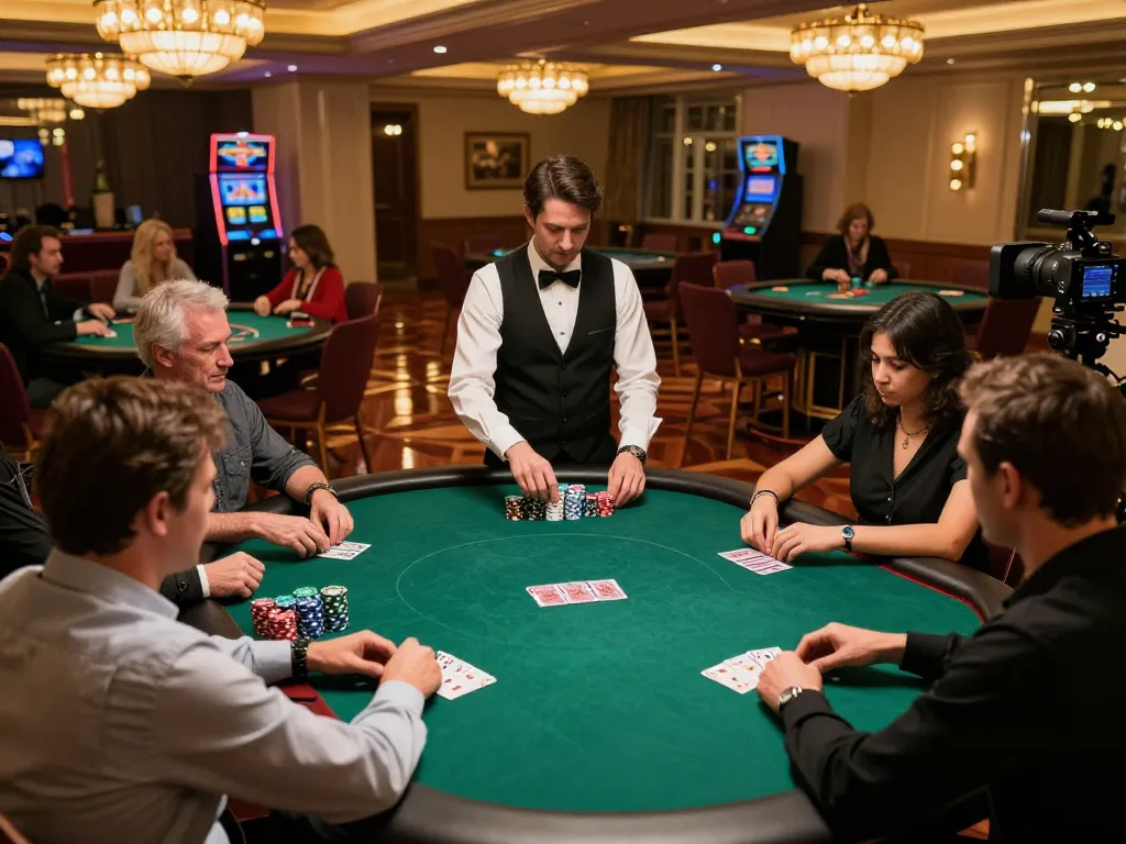 79 king poker players strategizing at a luxurious casino table with warm lighting and chips stacked.