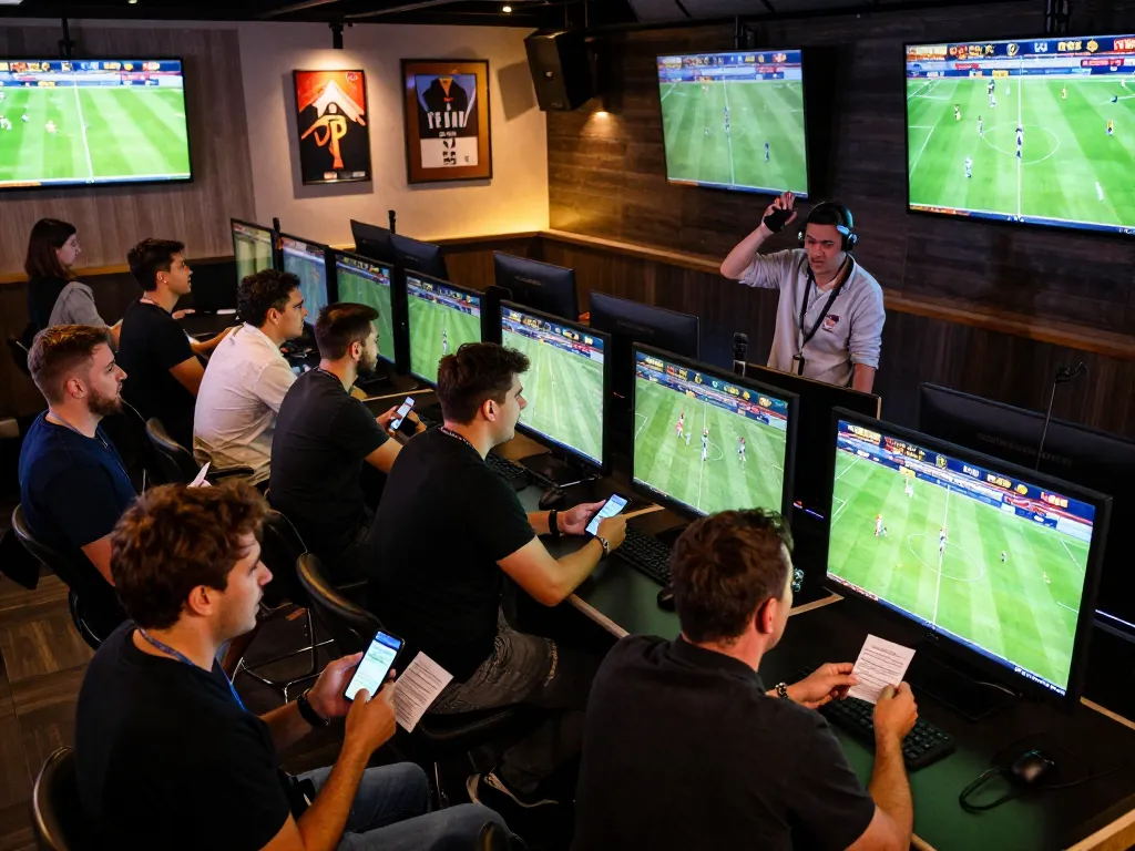 8day sports betting lounge with enthusiastic patrons engaged in live betting action during matches.