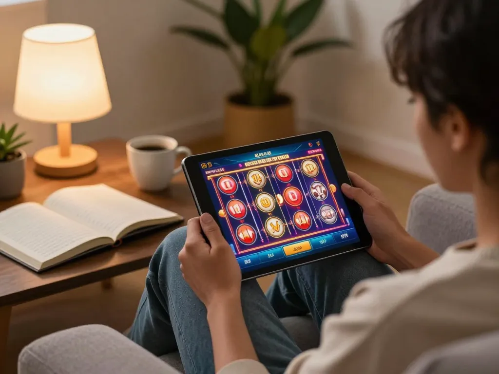 x88 player enjoying slots on tablet in cozy home setting