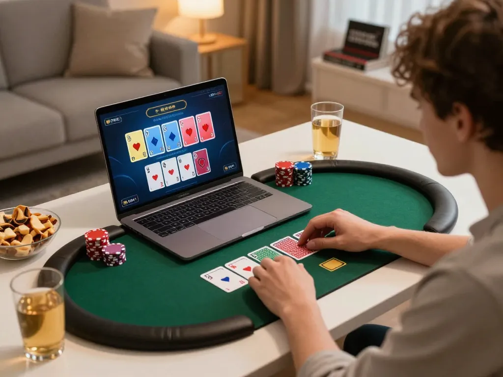 Excited player at home using 88clbgo for online poker with snacks and drinks.