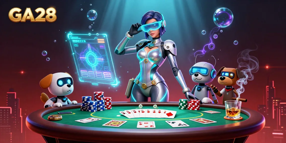 Engage in thrilling poker action with GA28’s vibrant, futuristic casino illustration featuring a high-stakes setup.