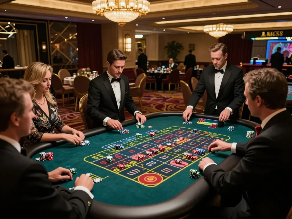 Engaged players at a roulette table experiencing the thrill of MM88 gaming in a luxurious casino setting.