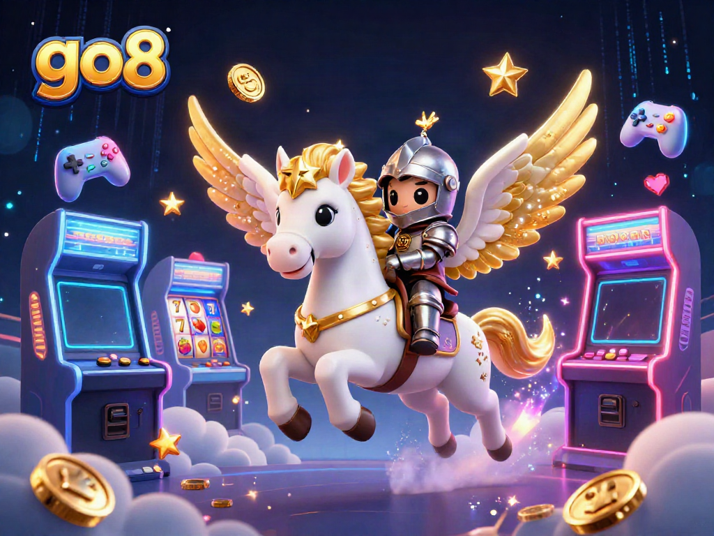 Experience the magic of go8 slots with vibrant reels and a gallant knight amid a colorful casino world.