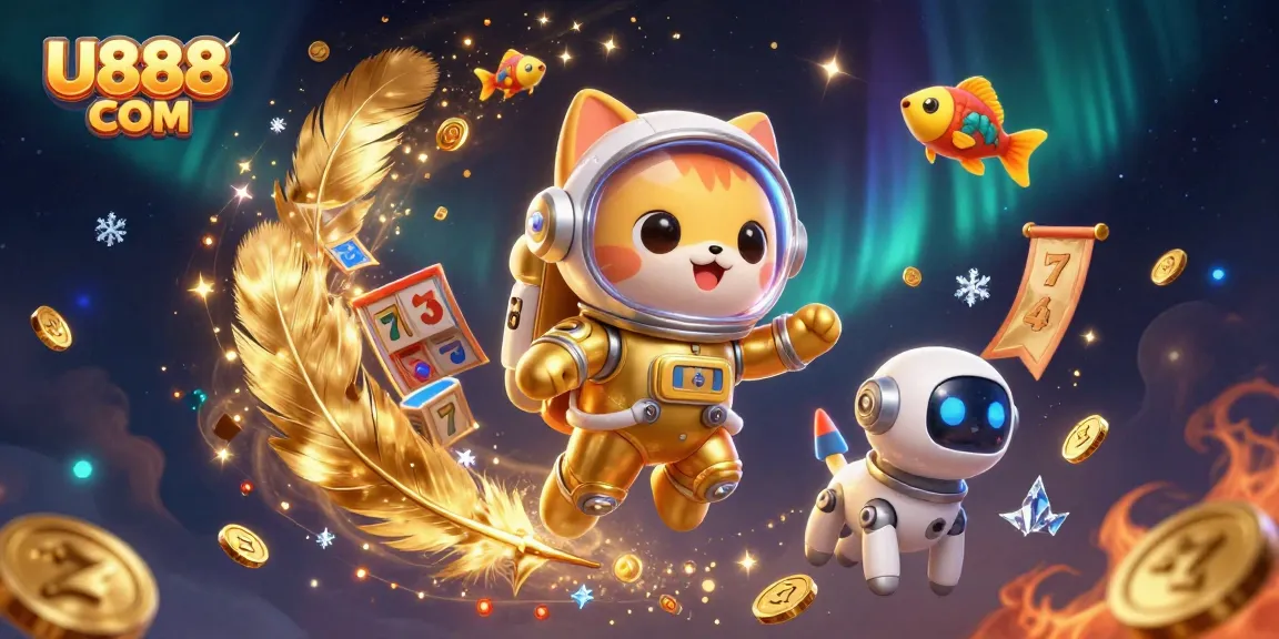 Engage in thrilling slots action with U888 COM featuring a cosmic cat, robot dog, and golden elements.