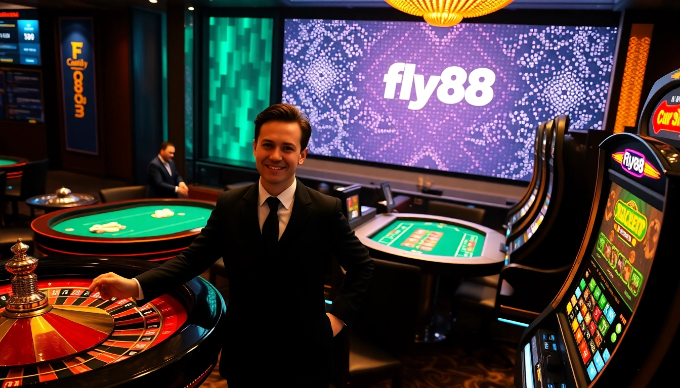 Action-packed gaming at nhà cái fly88 with vibrant casino tables, roulette, and poker chips.