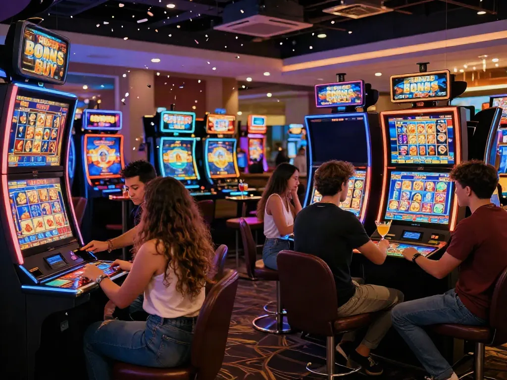 Exciting moment at a modern casino showcasing friends playing Bonus Buy slots at https://stargazyinn.co.uk with vibrant decor and dynamic gaming atmosphere.