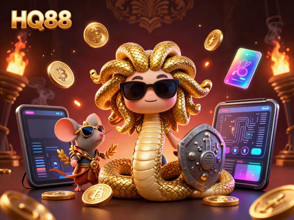 Experience thrilling gameplay at HQ88 casino with vibrant digital art showcasing a unique Medusa and warrior mouse.