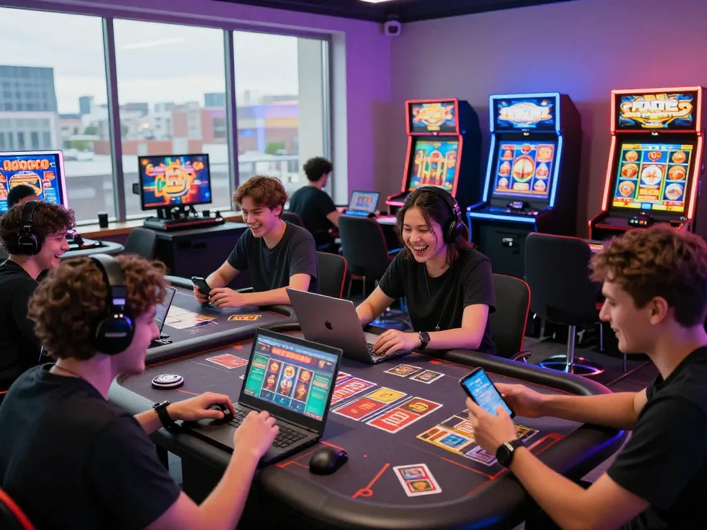 Players enjoying the thrill of games at Sunwin, featuring colorful screens and a lively atmosphere.