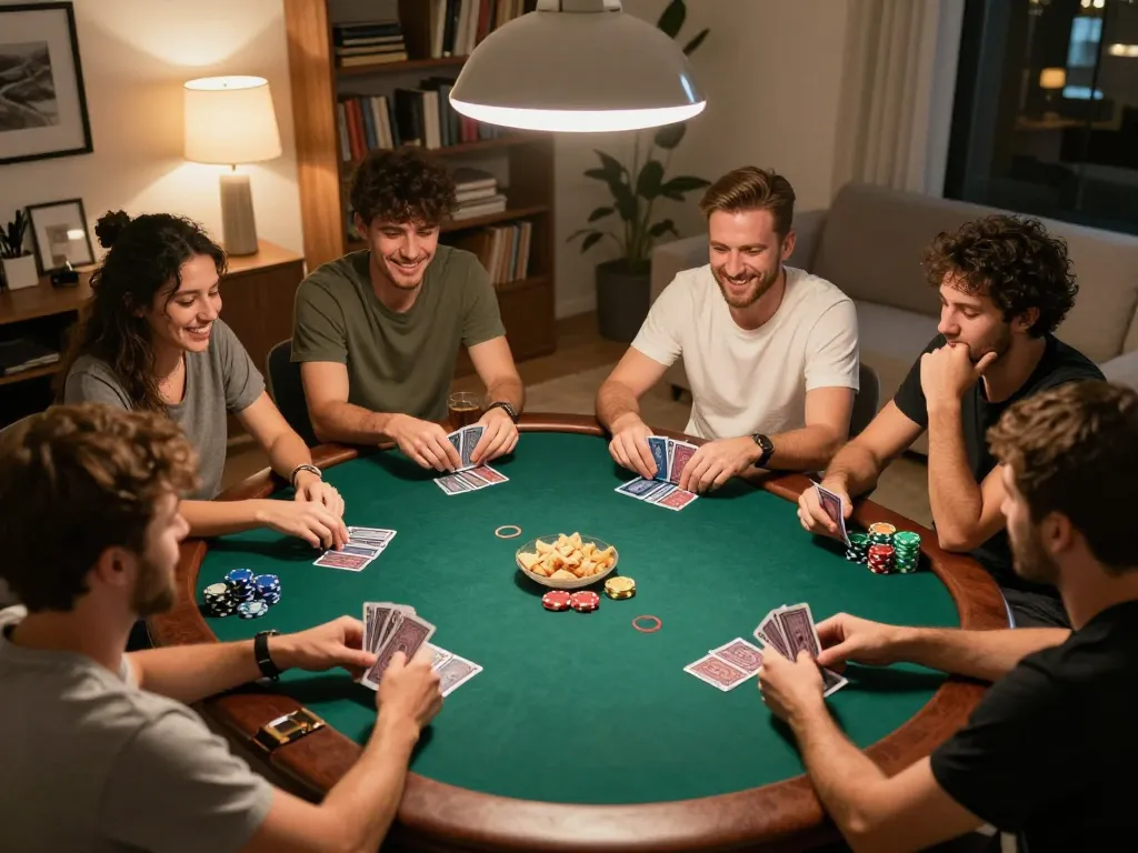 Kuwin players strategizing at a lively home poker game, featuring cards and chips on a round table
