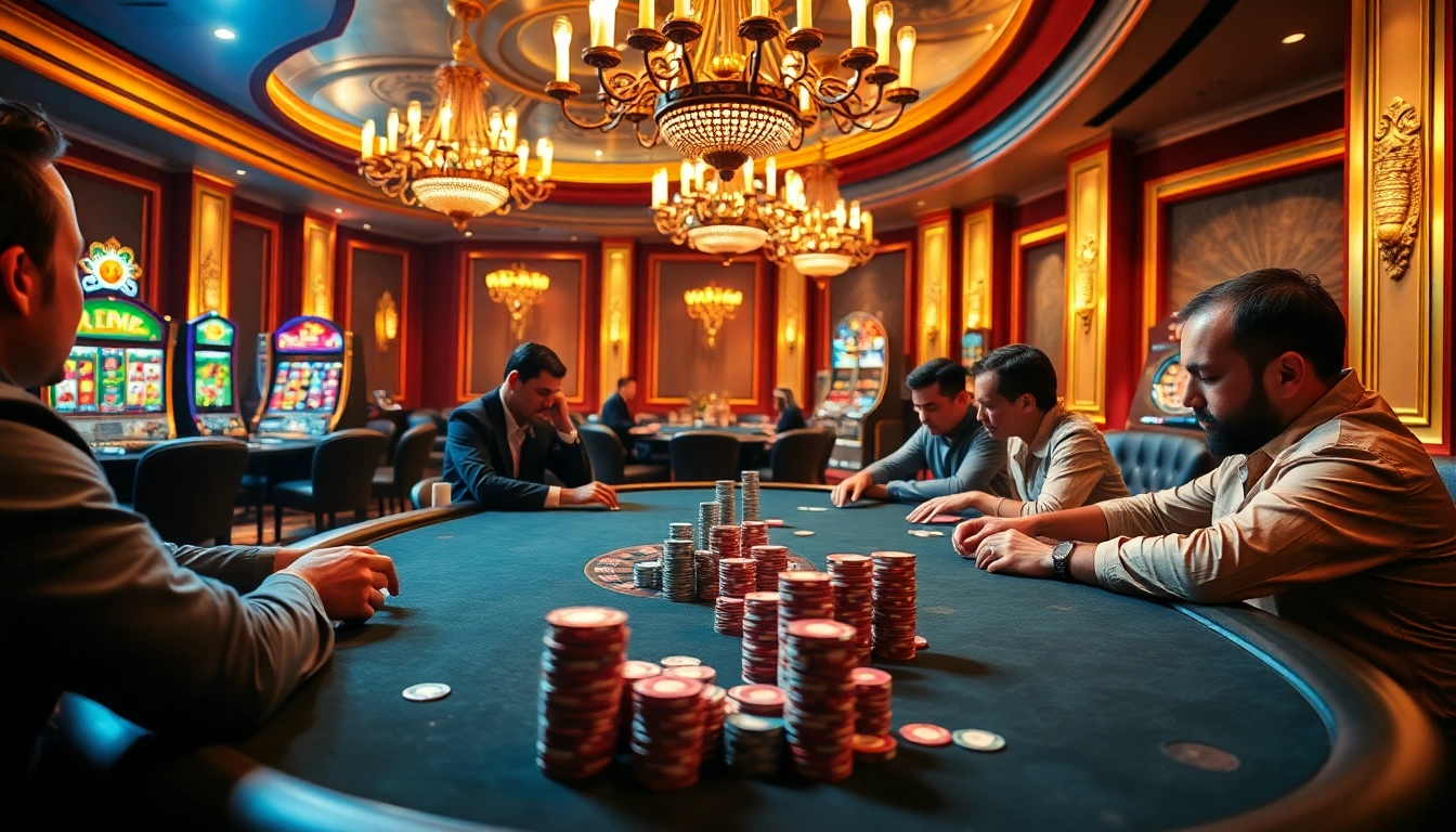 Experience the excitement of gambling at https://nohu90k.com/ with a vibrant poker scene featuring intense players and luxurious surroundings.