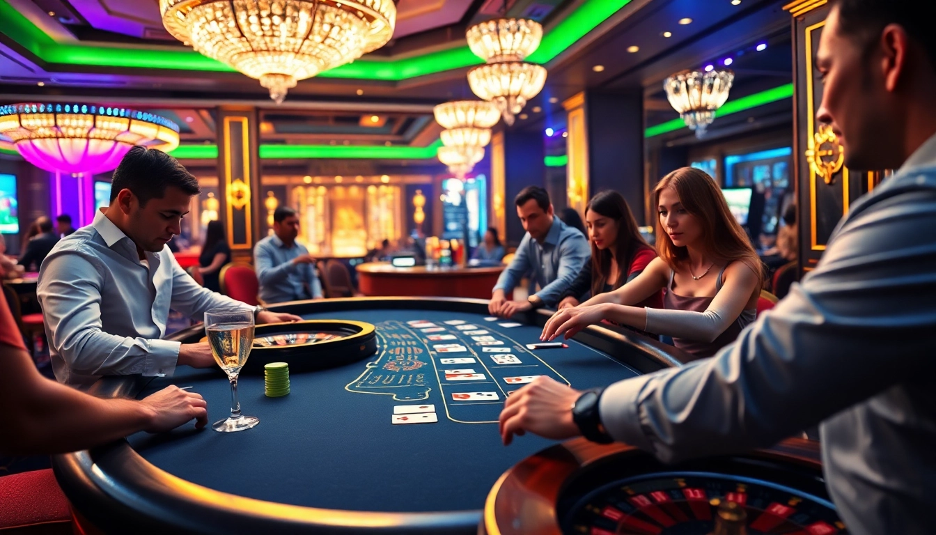 Engaging scene of Nhà cái uy tín QQ88 with vibrant casino tables and high-stakes gambling excitement.