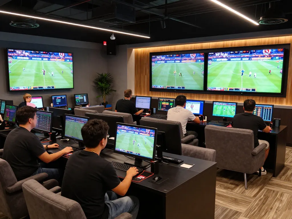 Engaged patrons analyzing keo nha cai odds in a modern sports betting lounge.