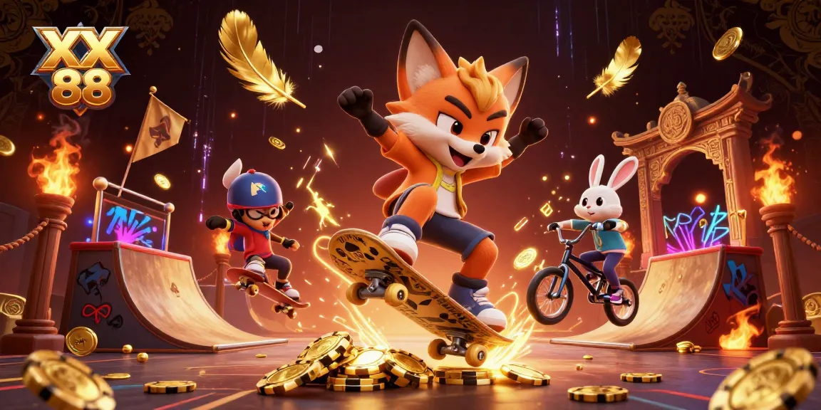 Engage in thrilling challenges at XX 88, featuring dynamic cartoon characters in an energetic casino scene.