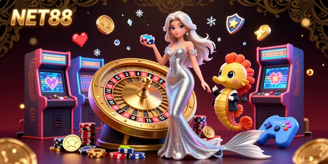 Engage with NET88's gaming excitement featuring a glamorous character next to a roulette wheel, surrounded by vivid game elements.