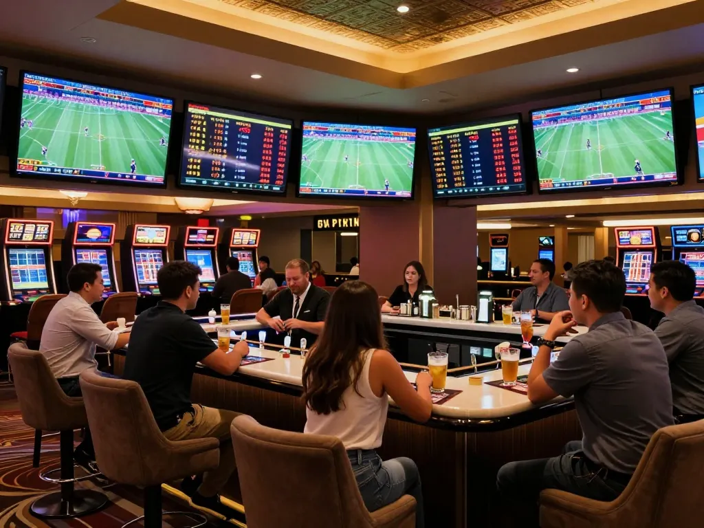 Soi kèo enthusiasts analyzing sports odds in an upscale betting lounge, showcasing strategic gameplay.