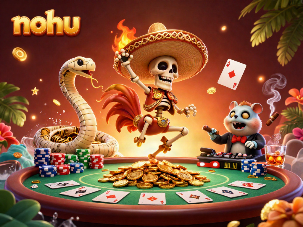 Nohu brings excitement with a vibrant 3D illustration featuring casino elements, a skeleton mariachi rooster, a mummy snake, and a DJ hamster.