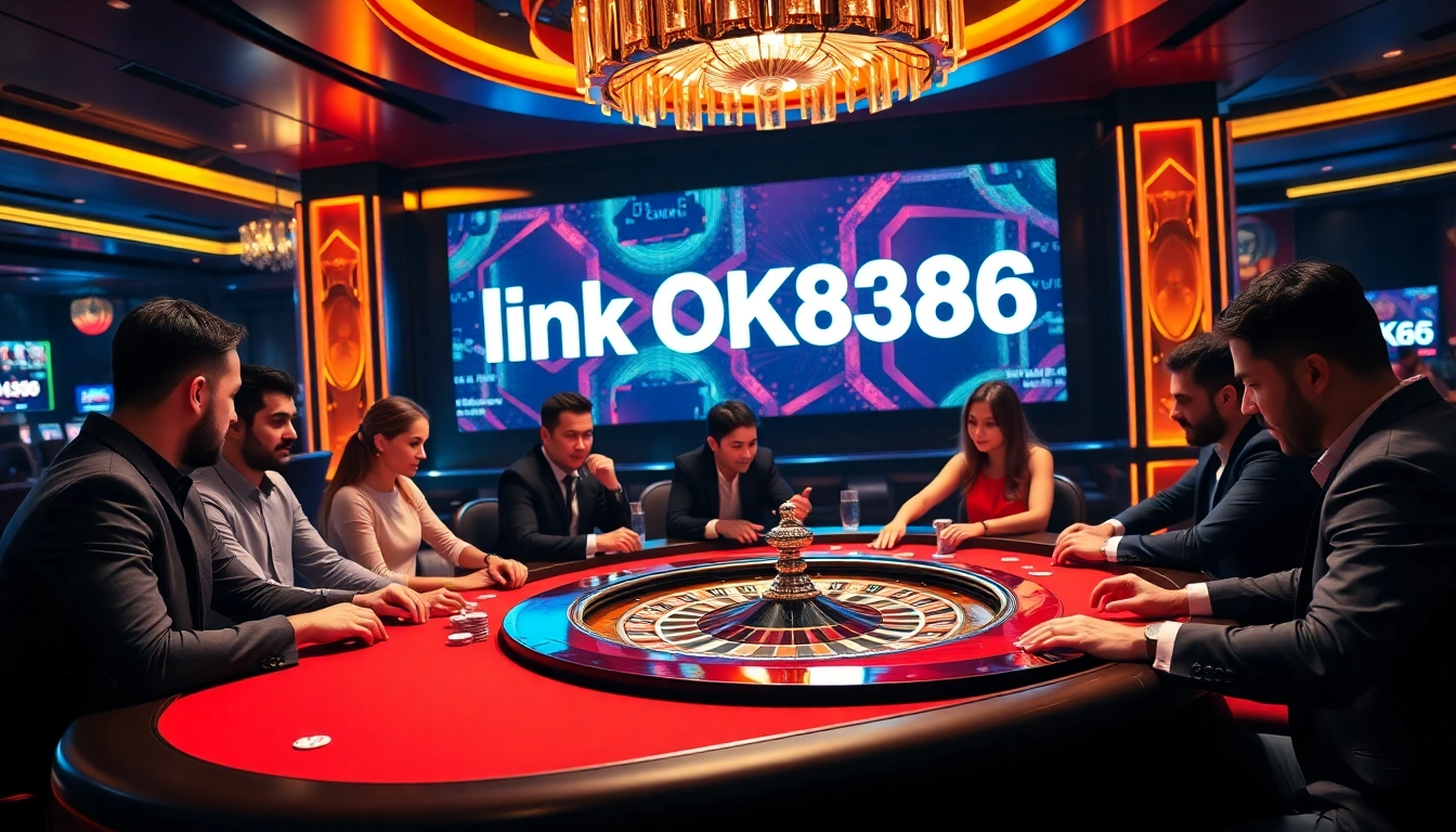The exciting atmosphere of a casino gaming table featuring "link OK8386" with players engaging in a thrilling card game.