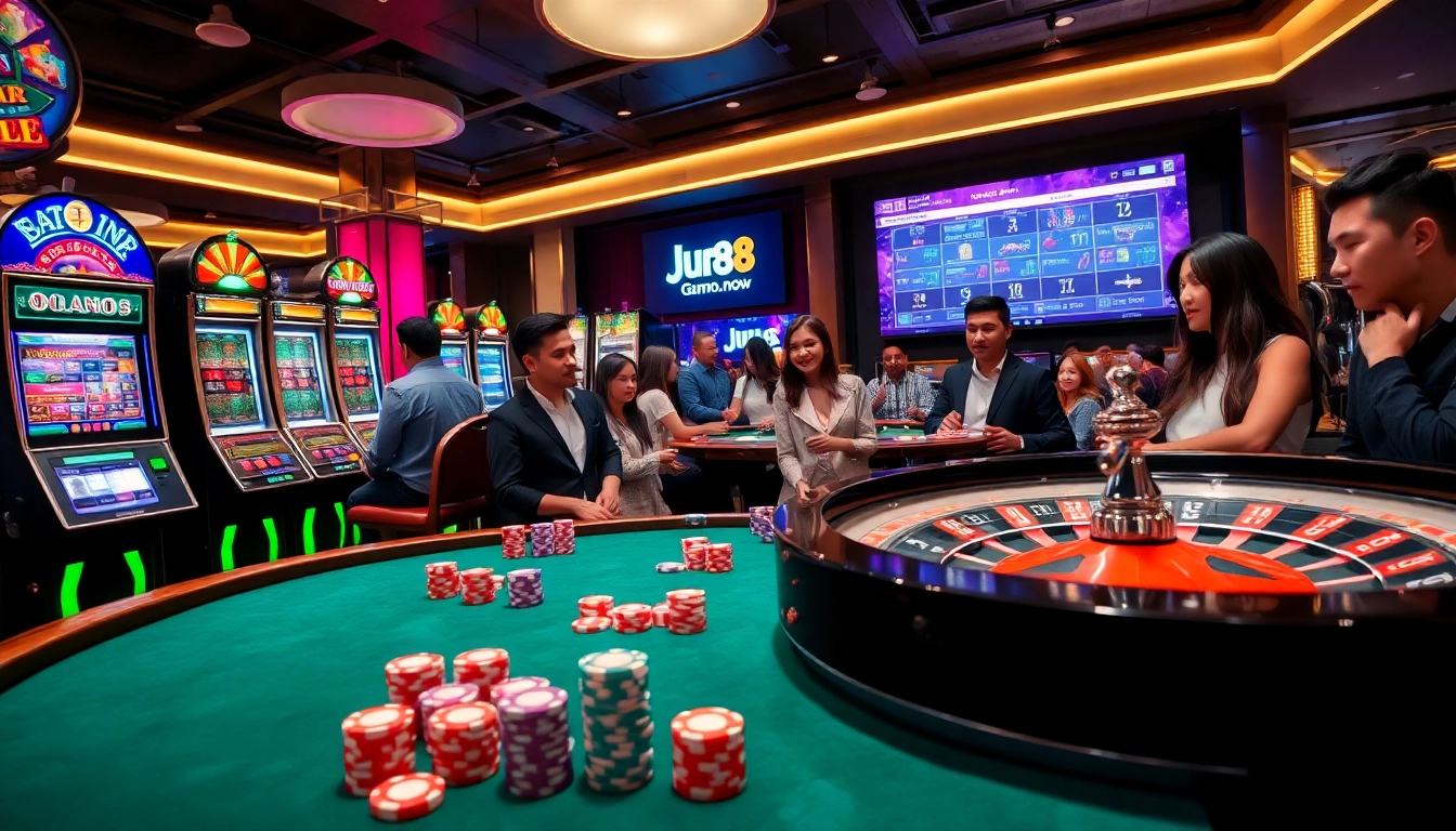 Join the excitement at Jun88.now with vibrant casino gaming elements including slot machines, poker tables, and roulette.