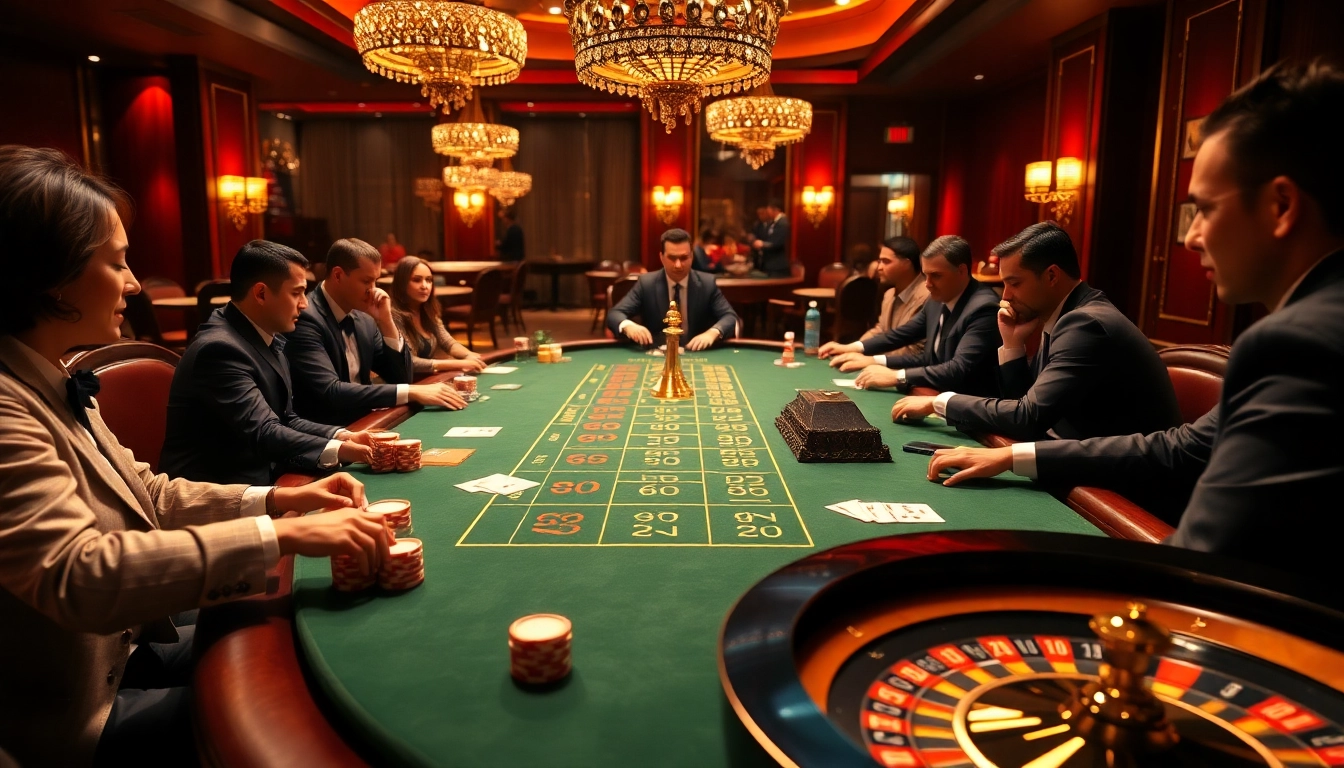 SODO66 casino table scene with dealers, poker chips, and roulette, evoking excitement and luxury.