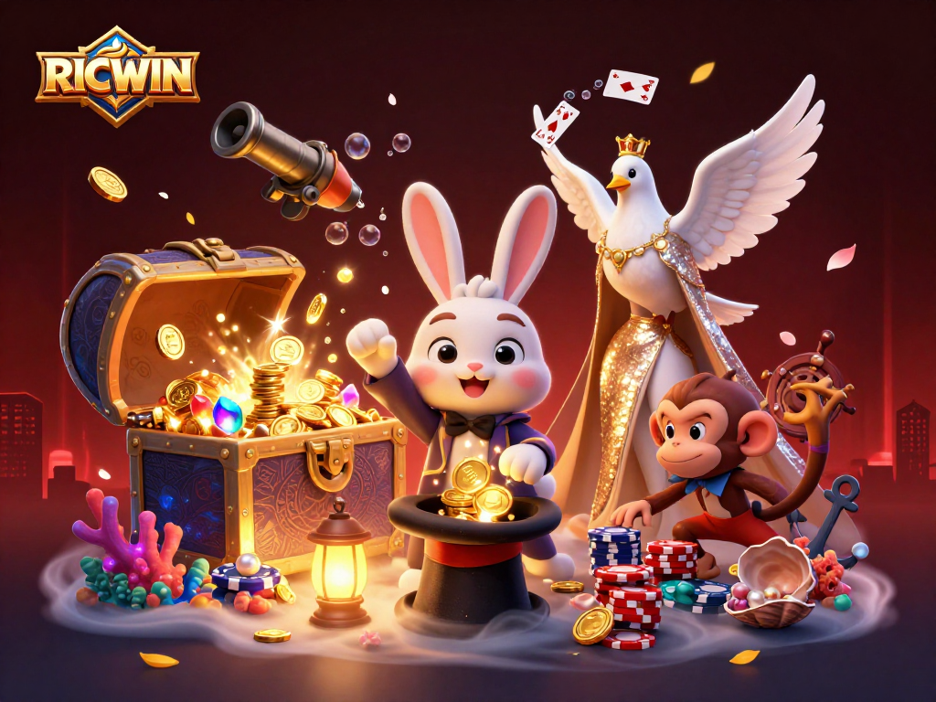 Play poker and win with RICWIN in a magical casino scene featuring dynamic 3D characters.