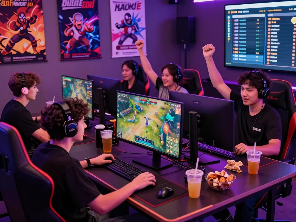Exciting online gaming scene at hit club with players celebrating wins and vibrant graphics.